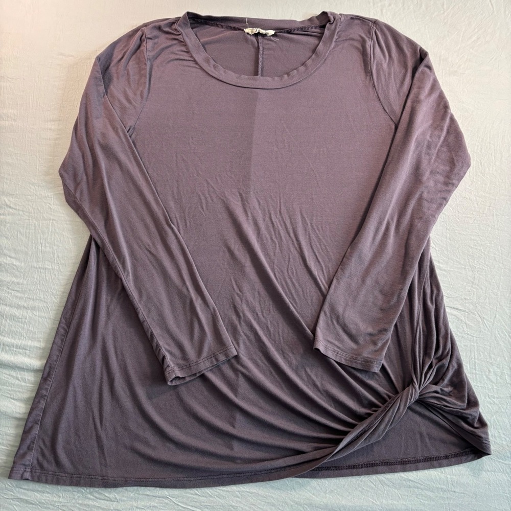 KyeMi Women Purple Long Sleeve Side Knot Twist Hem Scoop Neck Jersey Top Large